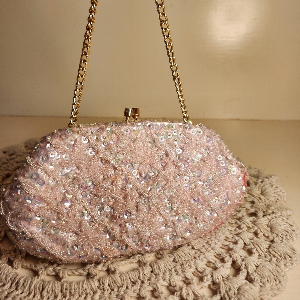 Elegant Pink Sequin Clutch With Strap